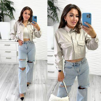 Жіноча укорочена куртка з еко-шкіри 42-48 KR 612 фото