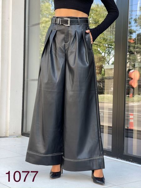 Широкие однотонные штаны-кюлоты из экокожи M-XL ER 1077 фото