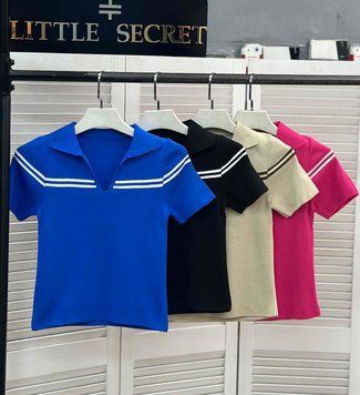 Стильная укороченная футболка-поло с полосками 42-46 (в расцветках) LS 274 фото