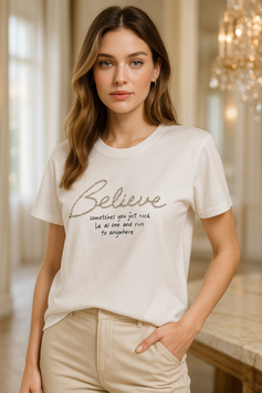 Женская футболка с надписью "Believe" и вышивкой пайетками (в расцветках) VN 31044 фото