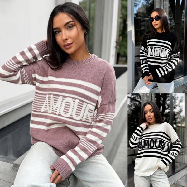 Теплий модний светр з смужками та написом 44-56 (в кольорах) MN 5056 фото